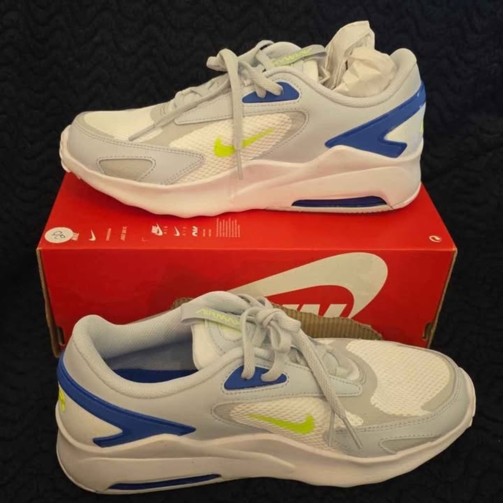 Nike 7Y Air Max Bolt GS Pure Platinum White, Blue, and Neon Green Sneakers